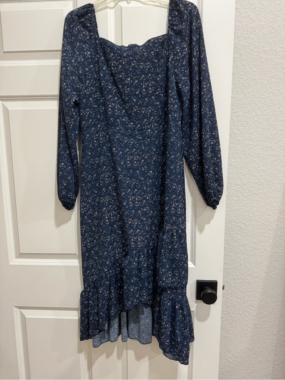 SHEIN Navy Blue Floral Long Sleeve Square Neck Dress